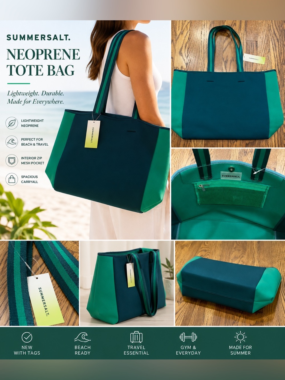 NWT Summersalt Green Neoprene Tote Bag Travel Beach Gym Carryall